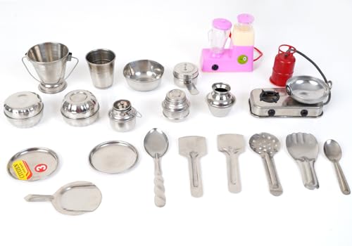 Zilly Fun Kitchen Toys for Kids – Stainless Steel Cooking Set with Chakla Belan, Mixi & Accessories | Innovative Role Play for 3–12 Year Olds | Fun Learning, Durable & Non-Toxic|Mixxe & Gas