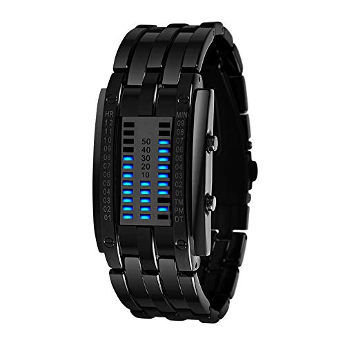 TONSHEN Binario Relojes de Hombre Deportivos Acero Inoxidable Bisel Y Correa Moda Relojes de Pulsera Calendario El Unico Diseño Simple Digitales LED Azul Luz Cool Relojes Negro (Mujer)