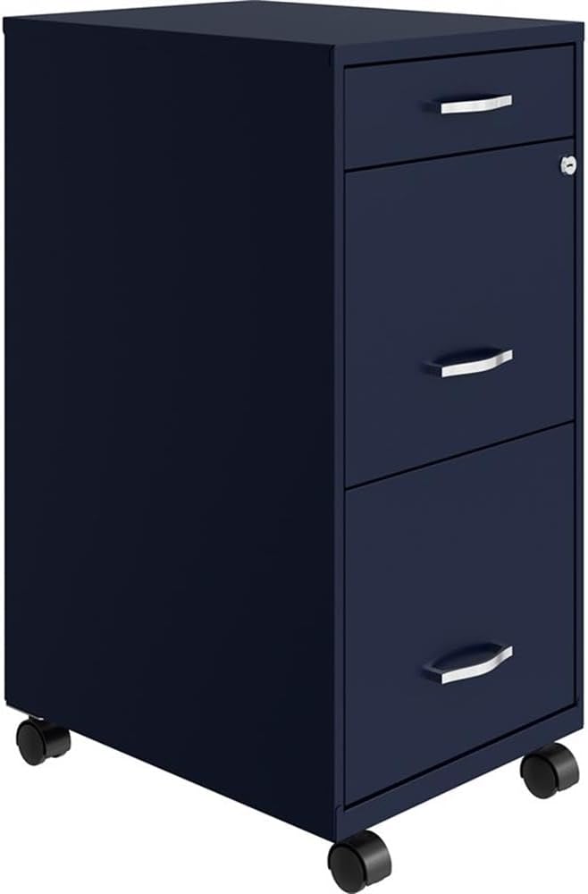 UrbanPro 3 Drawer Mobile Metal Filing Cabinet, 18 in Deep, Painted Steel, Navy Finish, with Lock, Casters for Easy Mobility, Smooth Glide Suspension, Home or Office Storage Organizer