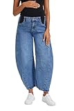 OVRUNS Women's Maternity Baggy Jeans Stretch Barrel Jeans Side Panel Loose Pregnancy Denim Pants with Pockets Blue