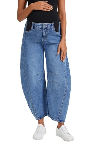 OVRUNS Women's Maternity Baggy Jeans Stretch Barrel Jeans Side Panel Loose Pregnancy Denim Pants with Pockets Blue