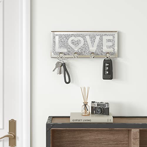 Shyfoy Mirrored Key Holder For Wall Decorative Love Letter Sign Plaque Key Hanger For Wall Decor, Glitter Key Rack Wall Hanger With 4 Crystal Hooks For Entryway Front Door Key Hanging #TOP6