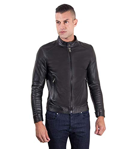 Generic - Veste blouson en cuir homme noir Made in Italy col montant
