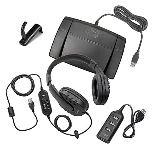 ECS WordMaster USB Audio Transcription Headset with Infinity-3 USB Foot Pedal - Includes USB Hub and Hook Holder