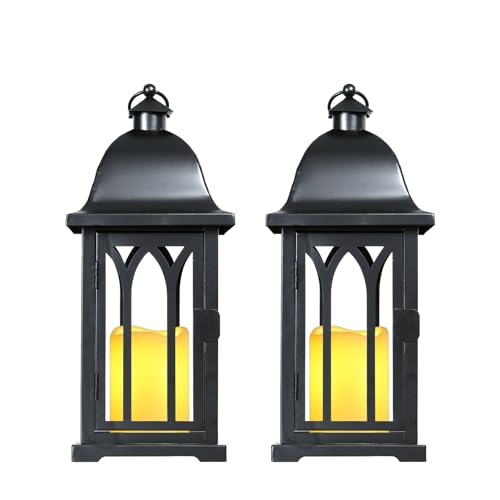 Farmhouse Lanterns Decorative Indoor Outdoor, 2 Pack Black Hanging Fall Lantern with LED Candle, 15.75 Inch Flameless Lights with Removable Pumpkin and Maple Leaf for Table Centerpiece Home Decor