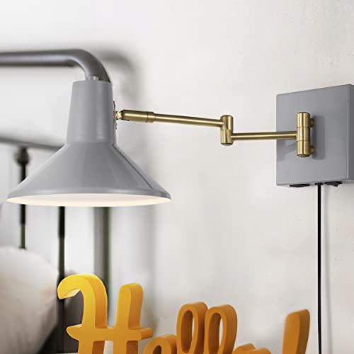 Image of JONATHAN Y 16 inch Grey /Brass Gold 1-Light Modern Swing Arm Sconce with USB Port, Plug-in Midcentury LED Bedside Lamp with White Iron Shade for Bedroom Living Room (JYL1302C)
