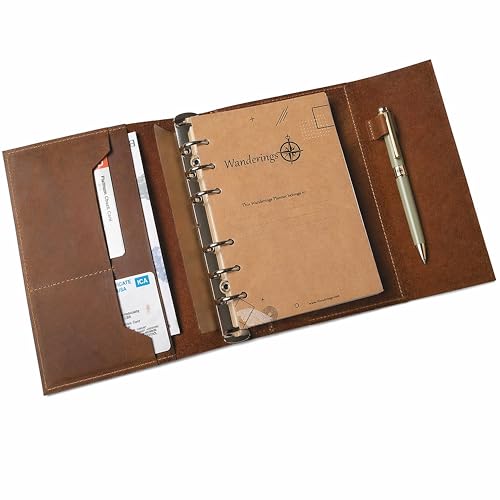 Wanderings A5 Skórzany Organizer Planner – Uzupełniany 6-Ringowy Dziennik z Kieszeniami Wewnętrznymi – Ręcznie Wykonany Organizer z Prawdziwej Skóry – Kompatybilny z Filofax. 2026/27 – 15 x 22 cm