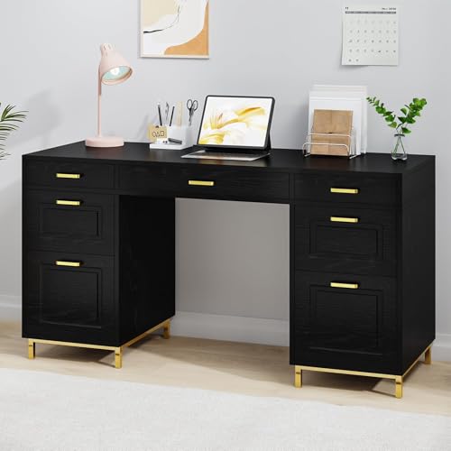 MaverickFurni Black Computer Desk with 7 Drawers, 57 Inch Home Office Desk with File Drawers, Wood Modern Desk with Storage for Bedroom, Executive Desk with Golden Legs and Handles, Black and Gold