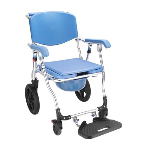 Silla de baño para personas mayores con ruedas, sillas de inodoro plegables con reposabrazos, silla de ducha con respaldo y cubo de inodoro para el cuidado del hogar, capacidad de carga 120 kg (azul