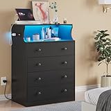 Hasuit Black Dresser with Charging Station, 4 Drawers LED Dresser for Bedroom, Chest of Drawers with Open Space, Large Capacity Tall Storage Cabinet, Black Dressers for Bedroom