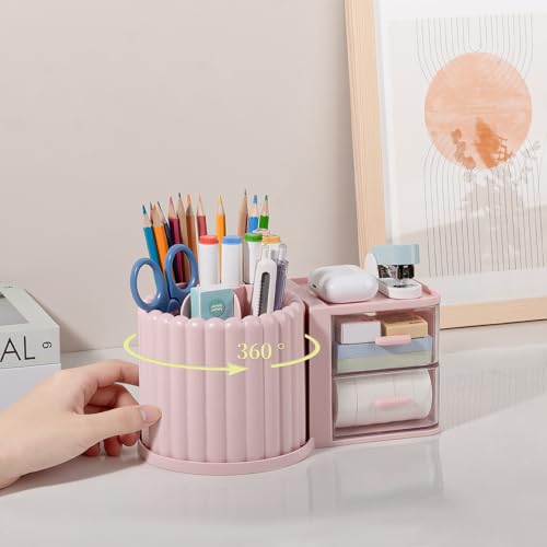 Image of Anyoifax 360 Rotating Pen Holder 7 Slots Desk Organizer with Drawer Removable Pencil Cup Plastic Art Supplies and Accessories Desktop Storage Box Caddy for Office, School, Home (Pink)
