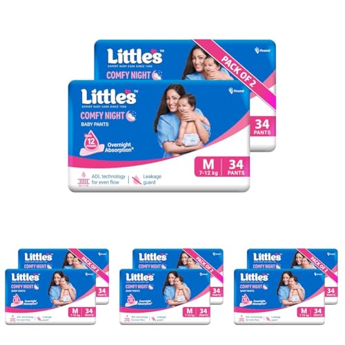 Image of Little's Baby Diapers M Size (Medium) Pants Style | 7-12 kg | 68 Count | Comfy Nights Baby Diaper Pants with Leakage Guard & Upto 12 Hours Absorption (34 Count, Pack of 8)