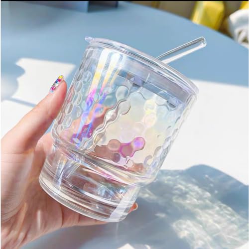 Image of Kamvy Glass Tumblers with Straws & Lids,Aesthetic Coffee Sipper Mug with Wide Mouth,Rainbow Glass Drinking Mason for Iced Tea,Cold & Hot Beverages Cups Pack of 1 (Bubble)