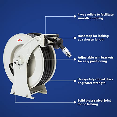 Fuel Hose Reel Retractable With Fueling Nozzle 3/4" X 50' Spring Driven Diesel Hose Reel 300 Psi Industrial Auto Swivel Heavy Duty Steel Construction Reel For Aircraft Ship Vehicle Tank #TOP4