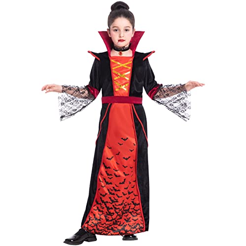 Fooecor Halloween Vampire Costume Set For Girls Gothic Victorian Queen Dress Up Party, Kids Carnival Cosplay, Stage Performances, Role Playing, Vampire-Themed Party With Vampire Fangs, Red Small #TOP4
