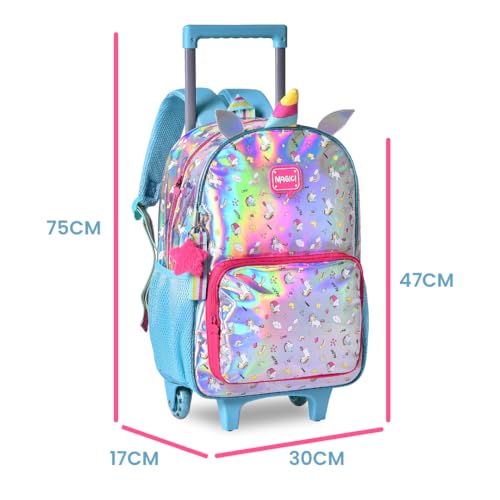 Kit Mochila Carrinho Holográfica Infantil Unicórnio Estojo E Lancheirinha Térmica Escolar