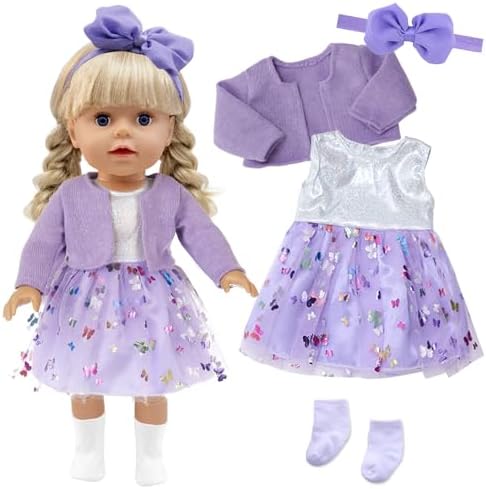 Xerteam 4 teilig Lila Puppenkleidung für 36-43cm Mädchen Puppe, Puppezubehör Mantel Puppen Kleider Socken Schmetterling Stirnband für 16-18 Zoll Baby Puppe, Puppensachen Set Gesche