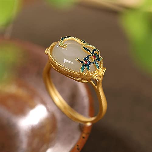 Bague ajustable en or doré et émail avec lotus en jade Hetian naturel pour femme