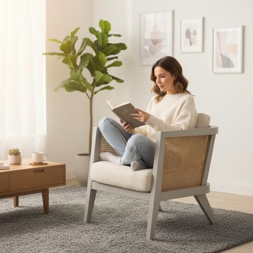Image of APRODZ Solid Wood Accent Chair for Living Room Mid Century Modern Wooden Upholstered Armchair with Cushion Lounge Chair Cane Back Wooden Frame for Living Room Bedroom Office Seating (Light Grey)