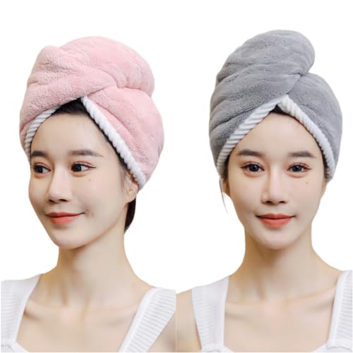 SNYLOB 2PCS Coral Velvet Bow Shower Cap Bathing Head Wear, Thickened Absorption Hair Drying Caps Bow Bothing Cap Head Towel Wrap(Pink+Grey)