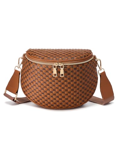 Trendy Woven Checkered Crossbody Bum Bag for Women，PU Leather Checkered Purse Fanny Packs Belt Bag (Woven Bum Bag - Brown Coffee)