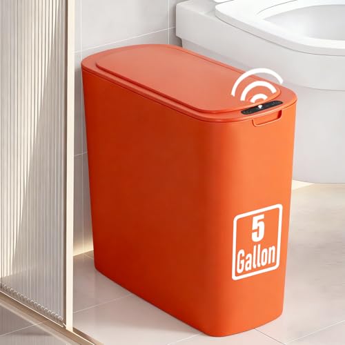 Image of TIPGO 5 Gallon Motion Senor Bathroom Trash Can with Lid, Automatic Garbage Can Touchless, Smart Plastic Waste Basket for Narrow Spaces, Bathroom, Office, Bedroom, Living Room (Orange)
