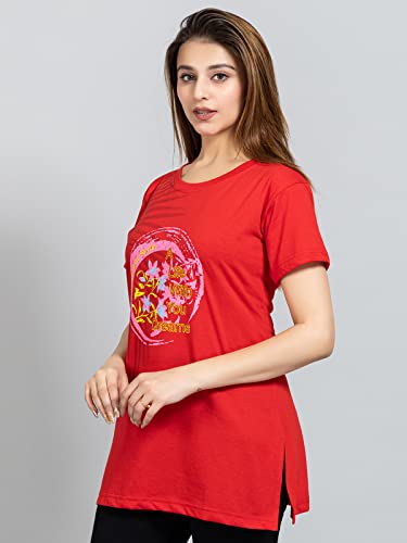 Image of Magknit Fancy Printed Both Side Cut Cotton Blend Half Sleeves and Lightwiegt Trendy Summer Long T Shirt for Women