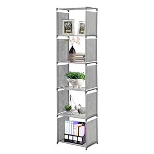 JF HOME BLISS 6-Tier 5-Cube Modern Bookcase 155x40x25cm Storage Shelf with Non-Woven Fabric Heavy Duty Metal Frame Multi-Purpose Organizer for Living Room Bedroom Office Grey