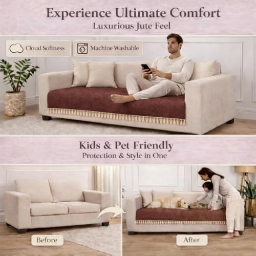 Image of STITCHNEST Jute Sofa Cover - Copper, 24x30 Inch | Soft Textured Fabric with Tassel| Sofa for Living Room Decor