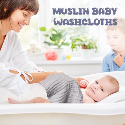 Image of Breling 20 Pcs Baby Muslin Washcloth 12 x 12 Inch 100% Cotton Soft and Absorbent Muslin Washcloth Burp Cloth Wipe Newborn Face Towel for Baby Boy Girl Sensitive Skin(White, Light Gray, Gray)
