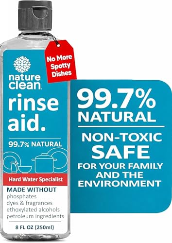 Image of Nature Clean All Natural Dishwasher Rinse Aid Cleaner, Liquid Dishwasher Rinse Agent Spot-Free Glass & Cutlery in Hard Water, Non-Toxic Dish Washer Drying Agent & Stain Remover, 8 oz/250ml, Pack of 1