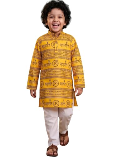 Image of AJ DEZINES Boys Cotton Full Sleeve Letter Printed Kurta Pajama Set for Kids - Ethnic wear | Special Occasion & Traditional Outfit |Boys Kurta Set - Regular Fit