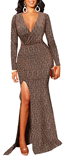 Image of Women's Sexy Long Sleeve Sparkly Maxi Dress V Neck High Slit Wrap Formal Gown Cocktail Glitter Maxi Long Dresses