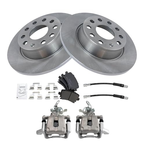 Image of TRQ Rear Brake Pad and Rotor Set Semi Metallic 272mm Rotors Calipers Hoses Compatible with 2010 Volkswagen Jetta To Chassis AJA048000