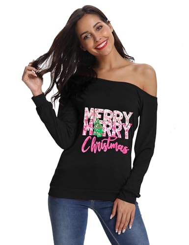 LYHNMW Women's Sexy Off Shoulder Long Sleeve Christmas Letter Print T-Shirt Tunic Tops Holiday Merry Xmas Hoodie by LYHNMW - Used condition - Image 10