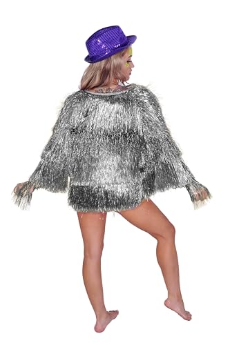 Western F.a.s.h.i.o.n Metallic Tinsel Fringe Party Jacket Three Layer Tassel Design (Silver, L)