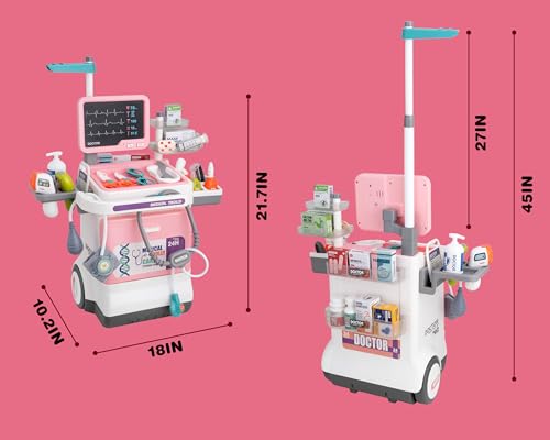 Doctor Kit for Toddlers - Deluxe Pretend Play Medical Cart Toy Set with Stethoscope ,Thermometer,Doctor Costume & Carry Bag - Educational Role Play Gift for Kids Boys & Girls Ages 3 4 5（Pink） - Thumbnail 4