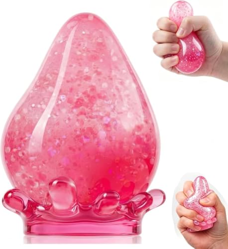 Raindrop Stress Balls Glitter Gumdrop Squishy Fidget Toys for Kids & Adults Silicone Water Drop Squeeze Sensory Toy for Autism ADHD Birthday Gift(Pink)