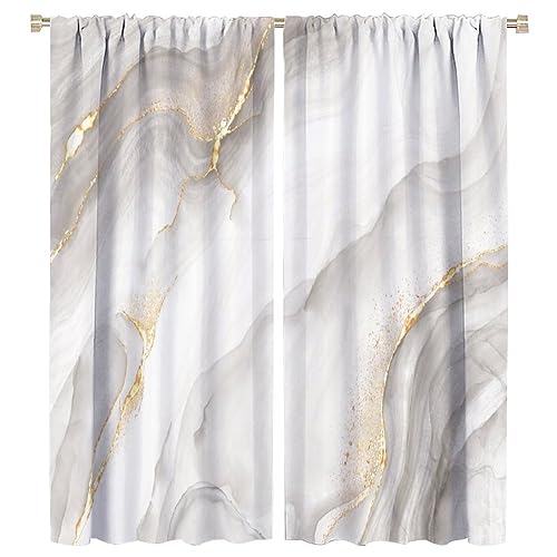 SHElifestyle White Grey Marble Curtains, Abstract Modern Luxury Ink Texture Gold Veins Blackout Rod Pocket Window Treatments Drapes for Bedroom Living Room Kitchen Dining Room 84x84in