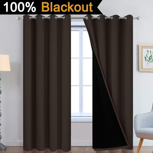 Image of Yakamok Chocolate 100% Blackout Curtains 84 Inches Long 52 inch Wide 2 Panels | Blackout Curtain Panels for Bedroom, 2 Thick Layers Grommet Top Thermal Insulated Drapes with Black Liner for Living Room