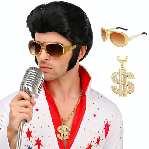 PUREHAIR Mens 50s Rock Style Costume Wig with Glasses Necklace Set for Rocker Cosplay Disco Parties and Halloween (Adults)