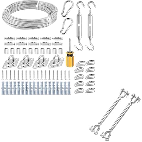 Sun Shade Sail Hardware Kit with Cable 66FT 2PCS M6 1600lbs Load Jaw and Jaw Turnbuckle, 304 Grade Stainless Steel Shade Sail Hardware Kit Rectangle 5Inch & Vinyl Coated Steel Cable 1/8 Cover