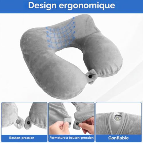 GZRXIOUS Coussin de Voyage Gonflable pour Avion, Coussin Ergonomique pour Adulte, avec Masque pour Les Yeux et Bouchons d'oreille, pour Les Voyages, Camping, Train, Voiture, Avion, Bureau (Gris) – vue 3