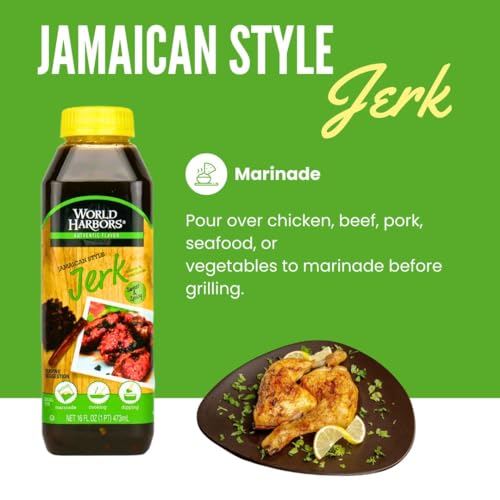 World Harbors Jamaican Jerk Sauce Sweet & Spicy Marinade for Jamaican Jerky Seasoning Chicken, Sirloin, Shrimp Jerk Seasoning Jamaican Style - Flavors for Dipping, Glazing 16 oz (Pack of 2)