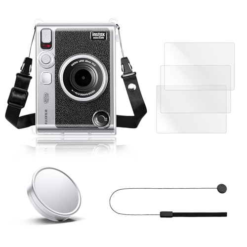 Rieibi instax mini evo 360°フル保護アクセサリー、一気に購入できの実用的なセット【チェキ evoクリアケース+レンズキャップ+スクリーン強化ガラスフィルム+レンズ保護フィルム】mini evo機種別に設計され ショルダーストラップ