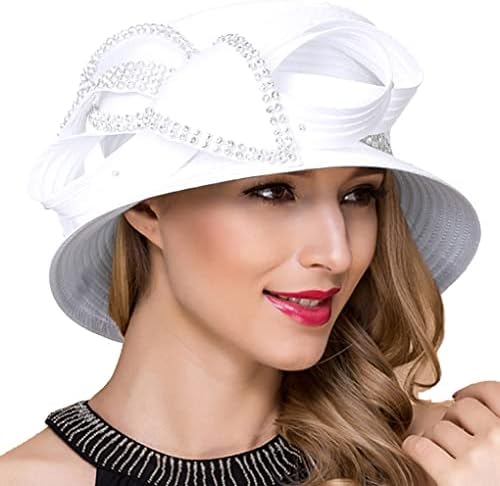 Women Derby Church Dress Cloche Hat Fascinator Floral Tea Party Wedding Bucket Hat S052 (SD707-White)