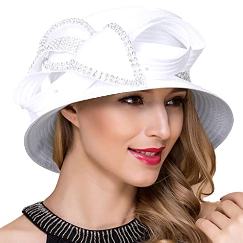 Women Derby Church Dress Cloche Hat Fascinator Floral Tea Party Wedding Bucket Hat S052 (Sd707-White) #TOP4