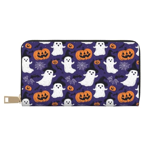 Leather Thin Slim Wallets for Women & Men - Ghost Pumpkin Cute Print Card Wallet Holder with Zipper