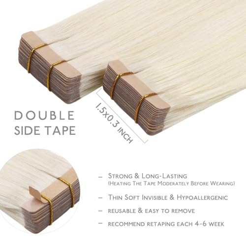 Image of WENNALIFE Tape in Hair Extensions Human Hair, 20pcs 50g 20 inch White Blonde Remy Hair Extensions Straight Human Hair Tape in Extensions Skin Weft Tape Extensions Human Hair