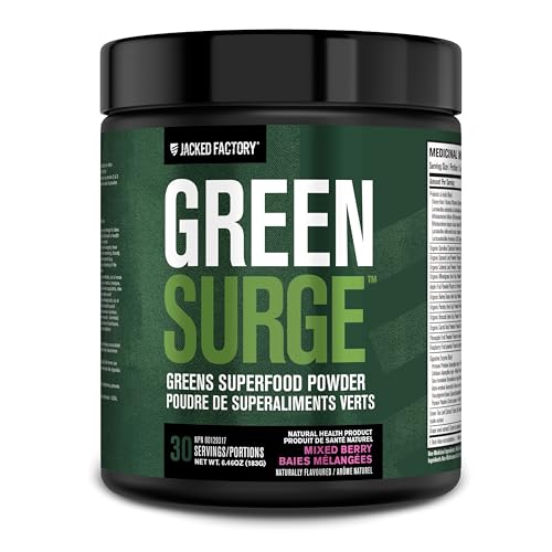 Jacked Factory Green Surge Green Superfood Powder - Keto Friendly Greens Drink w/Spirulina, Wheat & Barley Grass, Organic Greens - Green Tea Extract, Probiotics & Digestive Enzymes - Mixed Berry